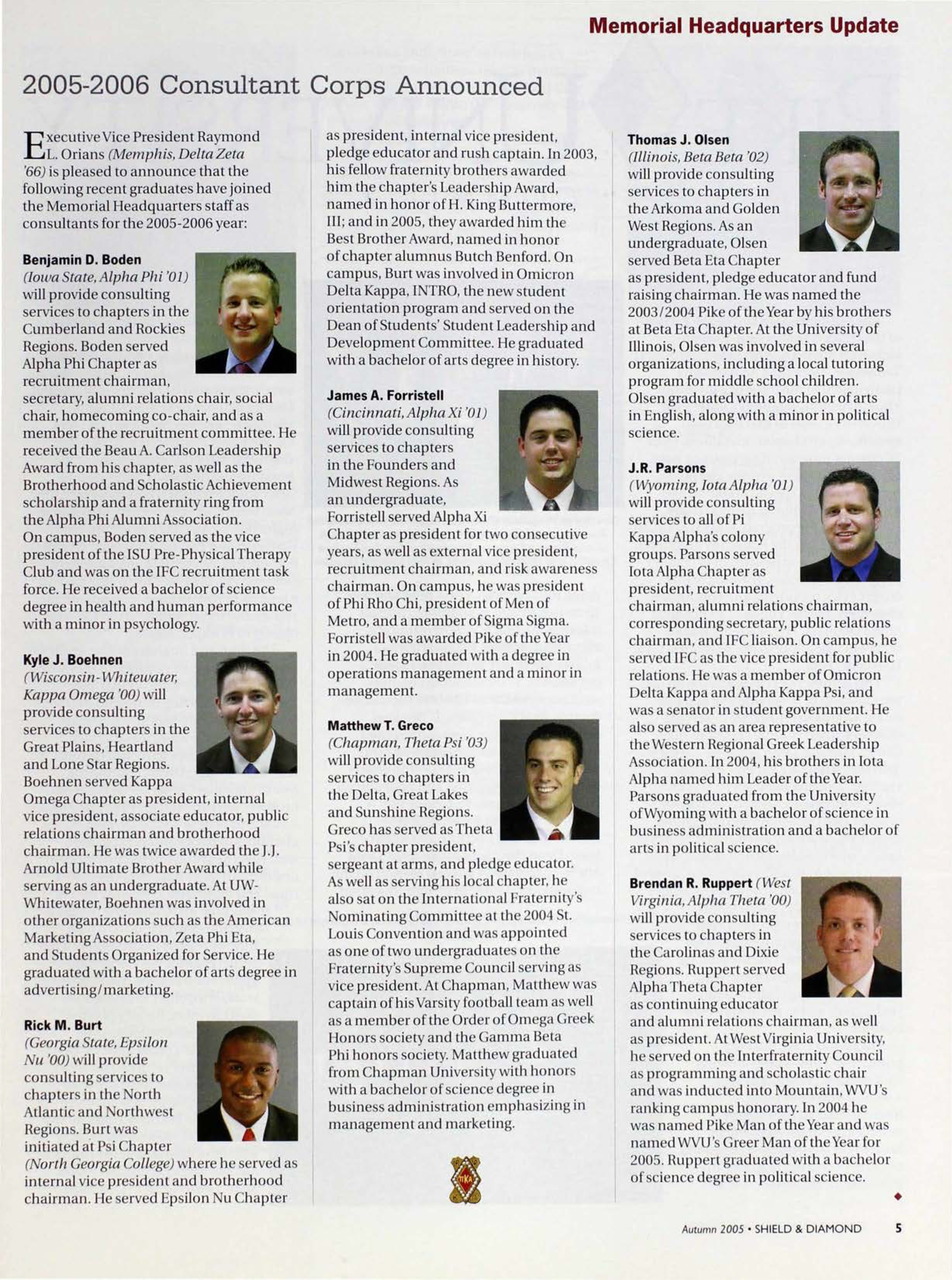 Memorial Headquarters Update: 2005-2006 Consultant Corps Announced